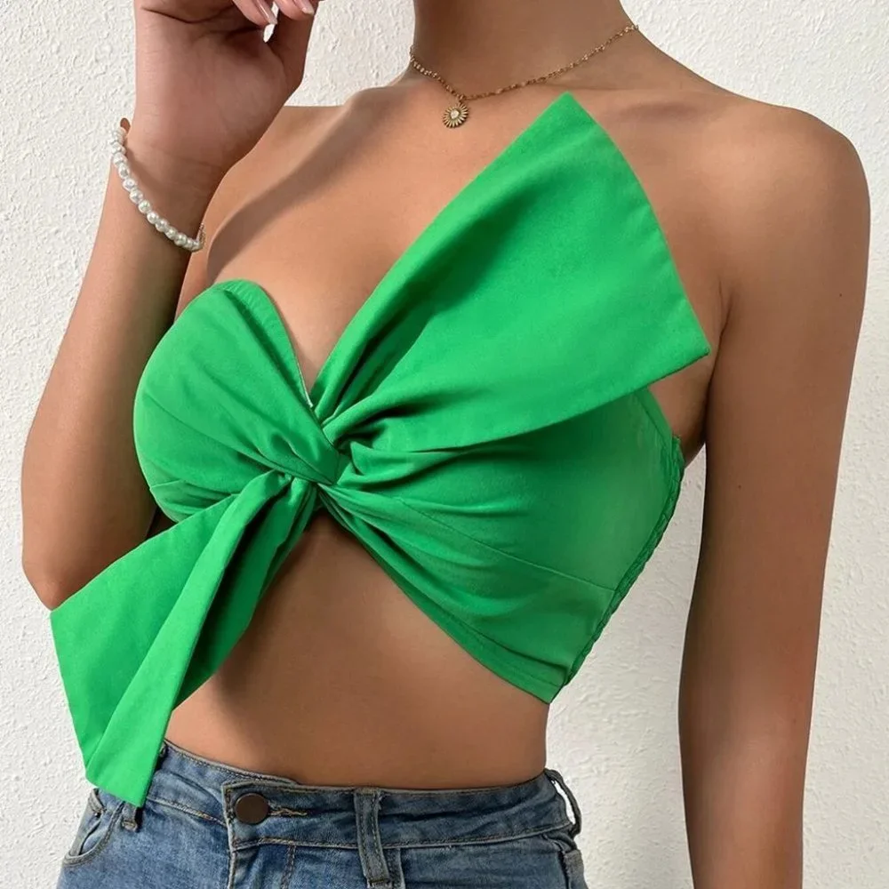 Green Bow Cropped Top Shirt Summer Contemporary Trending - Picture 3 of 5